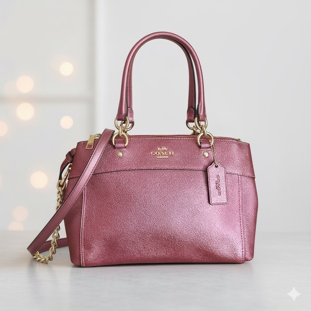 Coach Mini Bennett Satchel Metallic Berry Pink Crossgrain Leather Purse NWT - Picture 1 of 9
